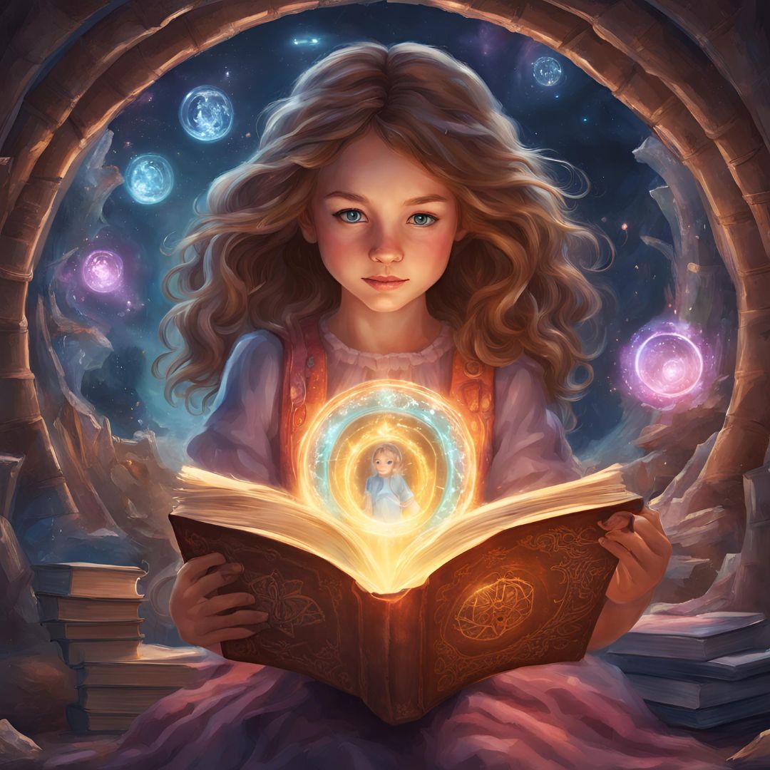 Girl reading a magical book