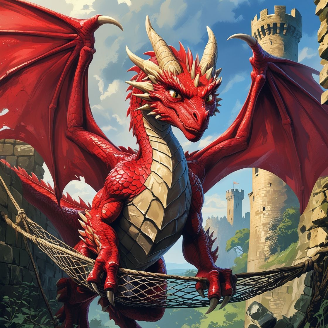 Red dragon trapped in the ruins of a castle