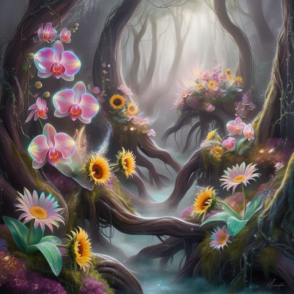 Forest and magical flowers