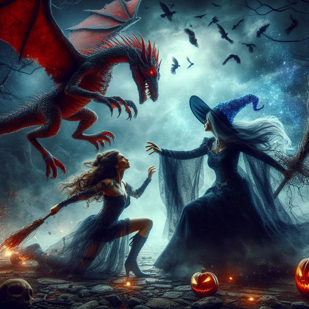 Witch Dragon and Woman Fighting