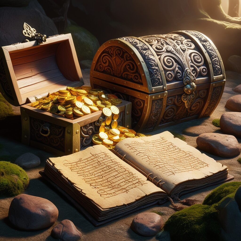 Book and two gold chests